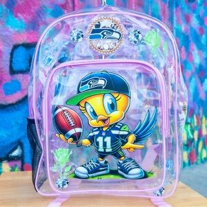 TWEETY BIRD Seattle Seahawks Clear Backpack 15” - Pink | Handmade (SuperBowl LX)